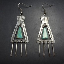 Old Style NAVAJO Hand Stamped Sterling Silver TURQUOISE EARRINGS Pierced Dangle picture