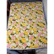 Vintage 1970s Floral Heavy Thick Mattress Pad Comforter Yellow Pink Rose picture