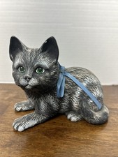 Art Statue Ceramic HandPainted Cat Kitten Gray LongHaired Vintage Blue Ribbon picture