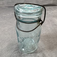 Antique Lightning Canning Jar Aqua/Light Green with Matching Lid Patent 1882 picture