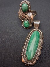 E. Spencer 925 Sterling Silver Green Malachite Stone Ring & Pendant Set picture