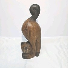 Vintage Playful Siamese Cat Stretching Hand Carved Wood Sculpture  picture