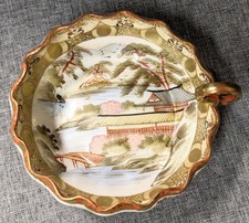 Antique Japanese Kutani Napan Porcelain Handled Nappy Dish Moriage Landscape picture