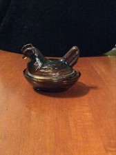 Vintage miniature hen on nest glass chicken Brown Taiwan 3