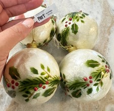 Pier 1 cream white glass Christmas ornaments holly berry glitter hp 4pc set picture
