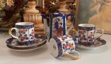 Set of 4 Vintage Imari Style Porcelain Tea Cobalt Blue Gold Floral Geisha 8Pcs picture