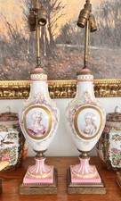 Pair of Antique French Sevres Style Porcelain Table Lamps Marie Antoinette Gilt picture