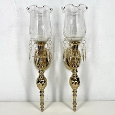 Vintage Solid Brass Wall Sconce Pair With Etched Glass Hurricane Globe & Bobeche picture