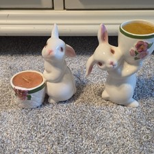 Vintage Avon Easter Bunny Ceramic Candle Holder Set 1980s Sunny Bunny Bright Lot picture