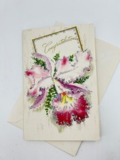 Vintage Congratulations Card Orchid Glitter White Rose 1950s 60s Religious Verse picture