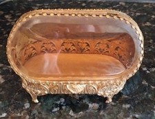 Ormolu Table Casket Trinket Box Gold Vanity Dresser Roses Beveled Glass Hip Roof picture