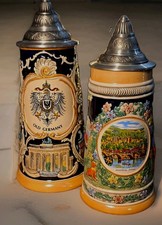 Gerty Söhn Pair Lidded Beer Steins Pewter Hinged Lids Heidelberg Germany picture