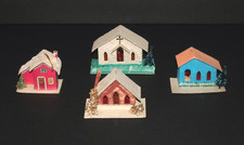 4 VTG Christmas Putz House Ornaments Church Chenille Loofa Tree Mica Japan picture