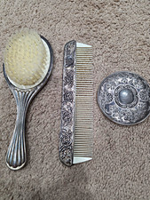 3-Piece Vintage Silver Vanity Set – Brush, Comb, and Hand Mirror with Baroque Fl picture