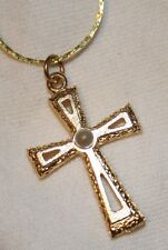 Textured Goldtone Round Inset Cross Pendant Necklace picture
