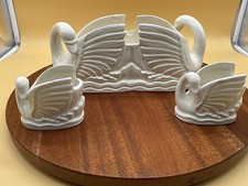 Vintage White Porcelain Double Swan Planter & 2 Candle Holders Regency Decor picture