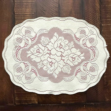 Doily Vintage Filet Crochet Lace Folk Art Motif Floral Handmade Pink Back picture