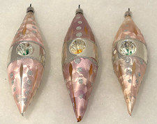 3 Vintage Mercury Glass Glitter DOUBLE INDENT ICICLE  XMAS ORNAMENTS Austria 6” picture