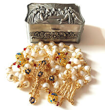 Gold Wire Wrap Bead AAA+ White Real Pearl Catholic Rosary Necklace Cross Box picture
