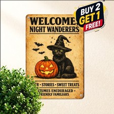 Witches Welcome Black Cat Inn Halloween Party Sign Metal Tin Plaque 8x12 picture