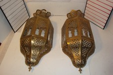 Vintage hand wrought pierced brass & glass Moroccan wall sconce set of 2 picture