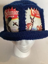 Vintage Schmidt Beer Can Hat Crochet Wildlife Hunting Fishing 1970s Handmade picture