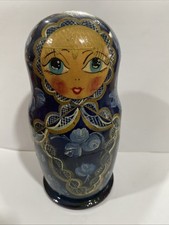 Vtg Hand Painted Blue/Gold Floral Lady Russian Nesting Doll(5 Dolls) 7.5” Tall picture