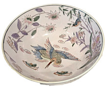 Vintage Large Chinoiserie Pale Pastel Bowl with Crane Mid 20th Century 10