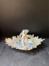 Antique Porcelain Oval Basket Hand Painted Florals Embossed Vines trinket dish picture