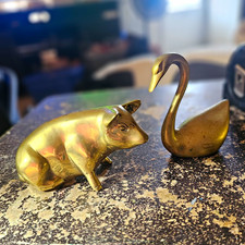 Set of 2 Gold Metallic Metal Animal Figurines Swan & Bear, Animals & Dinosaurs picture