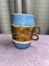 Vintage Handmade Pitcher Blue Brown Glossy Clay Pottery Double Handles Signed picture