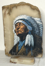 Native American Chief Hand Painted On thick Stone Slab signed Jorge 16