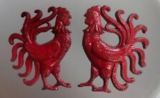 2 Pc Set Vintage Sexton MCM Fighting Roosters Red Metal Wall Decor Hangings USA picture