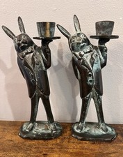 VTG Pair Pier 1 Rabbit Butler Candle Holders Bronze Verdigris Tuxedo Bunny 7.5