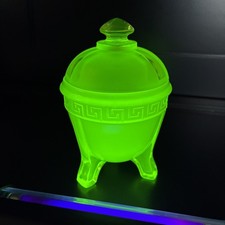 Vintage Art Deco Taussaunt Satin Green Uranium Glass Powder Trinket Jar w/ Lid picture