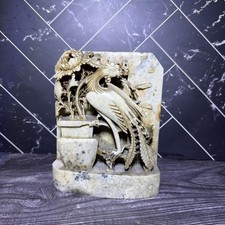 Vintage Chinese Hand Carved Soapstone Phoenix Bird & Peony Flower Statue 7