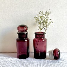 Set of 2 Small Vintage Purple Glass Apothecary Bottles with Stoppers 5” picture
