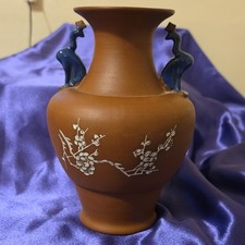 VINTAGE CHINESE YIXING REDWARE POTTERY VASE WITH BLUE PEACOCK HANDLES picture