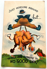 Vintage Linen Comic Postcard Bucking Horse Cowboy Just Horsing Around Metrocraft picture