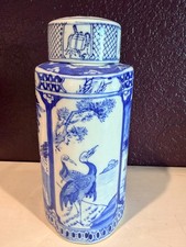  Vintage Chinese Blue White Porcelain Lidded Tea Caddy Crane Pine Landscape 8