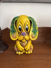 VTG 1960s 70s CHALKWARE PUPPY DOG PIGGY BANK Flower Power Mod MCM picture