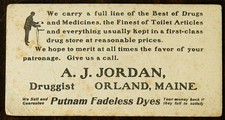 Antique Apothecary Advertising Trade Card A. J. Jordan Druggist Orland, Maine picture