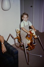 c1960's 35mm Slide, Young Boy Rocking Horse Playtime Home mid century Wall Child picture