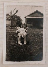 Vintage Photo Girl Holding Large Doll Outside House Yard 1940s B&W Snapshot  Art picture