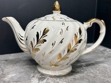 Vintage ELLGREAVE Wood & Sons GOLD LEAVES Swirl Body Ironstone Teapot ENGLAND picture