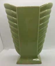 Antique Deco Shawnee Pottery Green Large Flower Vase Chevron Pattern picture