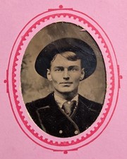 Antique 1880s-1900s Young Man Portrait Gem Photo Tintype Pink Card Frame picture