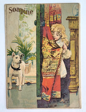 1880s TRADE CARD SOAPINE KENDALL MFG PROVIDENCE RI GIRL HIDES BEHIND CURTAIN DOG picture