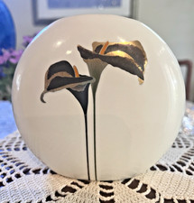 VTG Otagiri Golden Calla with Calla Lillies Design Porcelain Flat Round Vase 5in picture