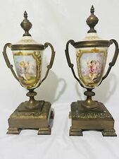 Pair Of Hand Painted French Style Porcelain Romantic Style Victorian Urns 11”H picture